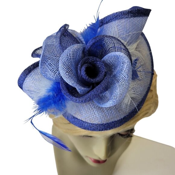Blue Sinamay Comb Fascinator With Sinamay Rosettes and Blue White Feathers - Picture 6 of 10